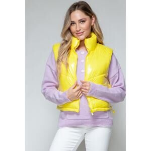 SNOBBISH Yellow Shiny Quilted Puffer Vest Full Zip Turtleneck Misses NEW